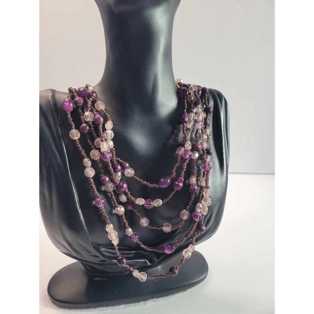 Purple Pink Multi Strand Beaded Necklace Layered Boho Statement Jewelry